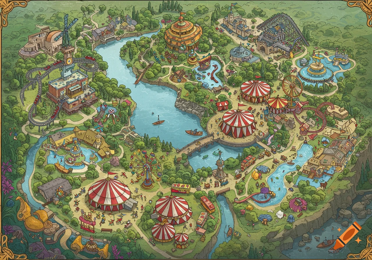 An overhead map illustration of a vibrant theme park, featuring a winding river or lake, multiple red and white striped circus tents, various rides including roller coasters and a Ferris wheel, and buildings nestled among green trees.