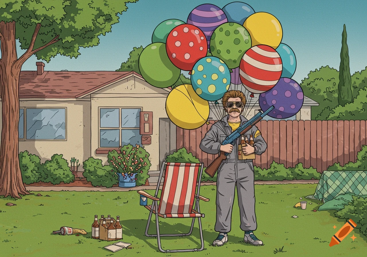 A man with an 80s mustache and sunglasses holds a shotgun and beer in a suburban backyard filled with many colorful balloons, in a vintage comic book style.