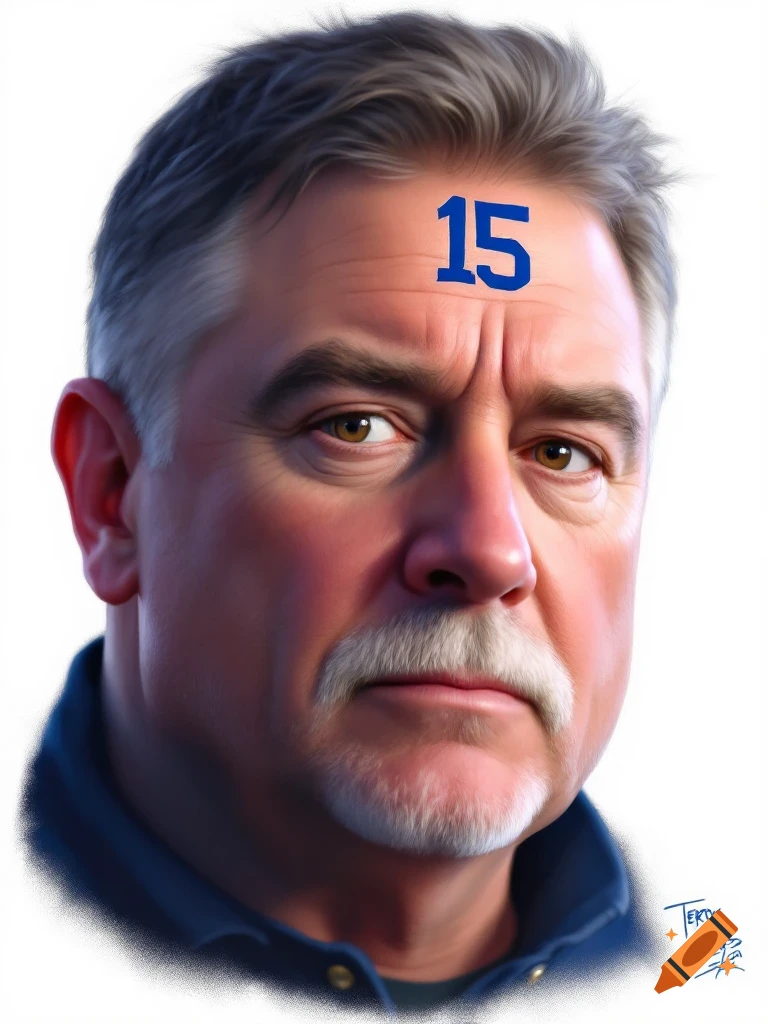 Stylized portrait of a man with gray hair, mustache, and goatee, featuring a blue number 15 on his forehead.