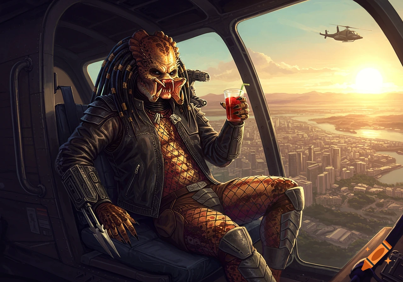 A detailed illustration shows the Predator alien sitting in a helicopter, holding a red drink, overlooking a city at sunset.
