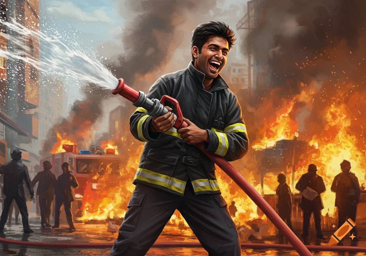 Smiling Indian fireman sprays water from a hose as buildings burn in a city street, with blurred figures in the background. Digital painting style.