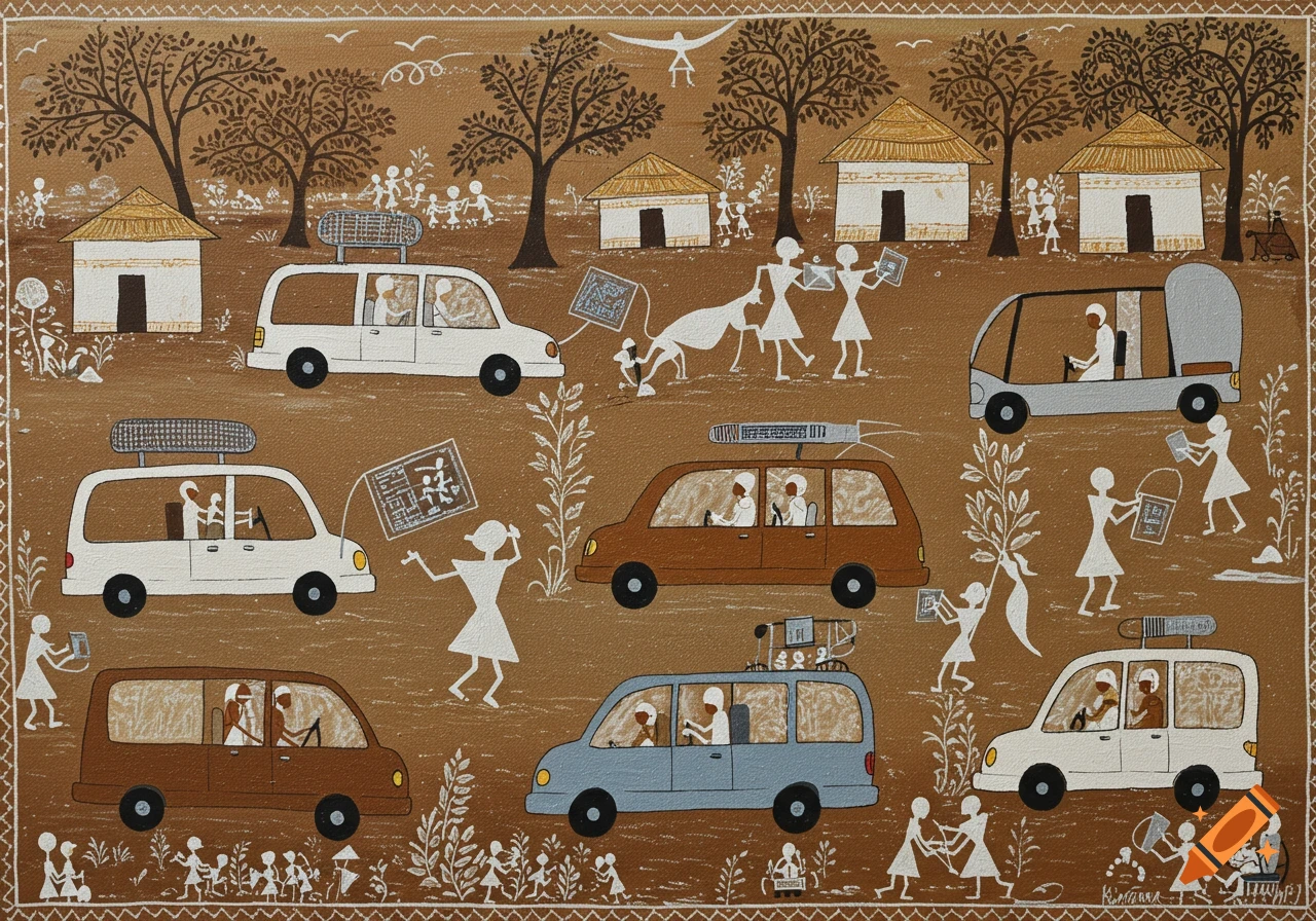 Warli art painting depicts a village scene with numerous stick figures, houses, and several cars. People are inside and around the cars, some holding objects resembling computer screens.