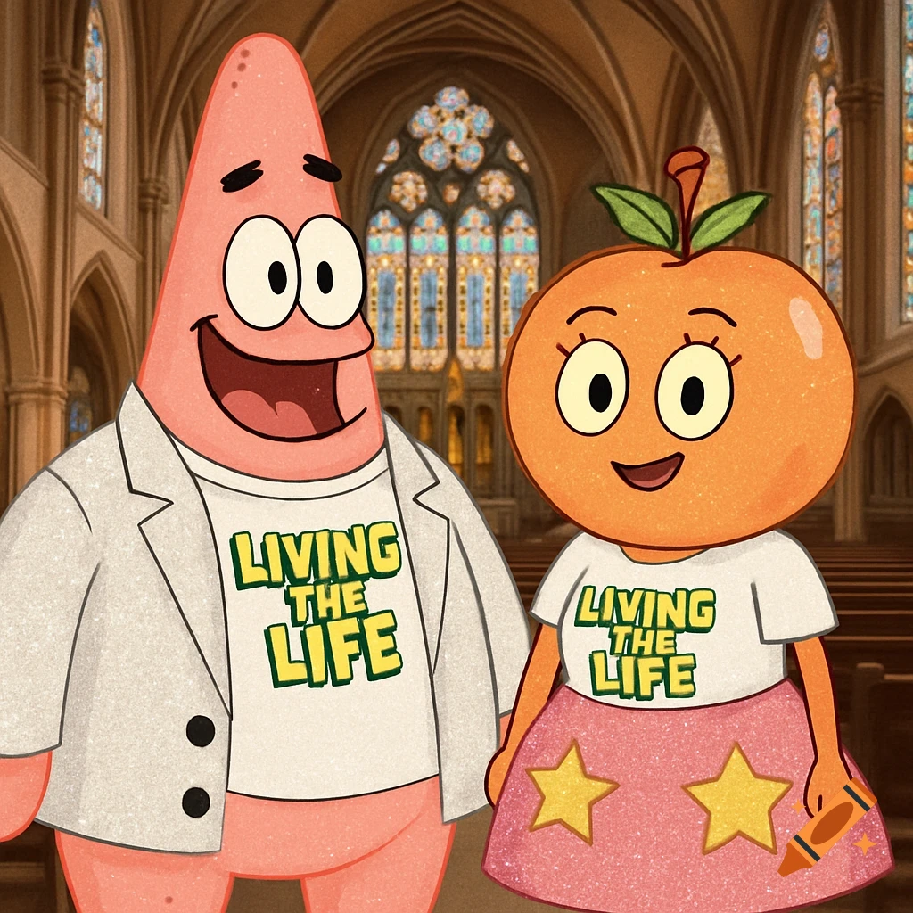 Patrick Star and a peach-like cartoon character wearing 'Living The Life' shirts, posing inside a church with stained glass windows.