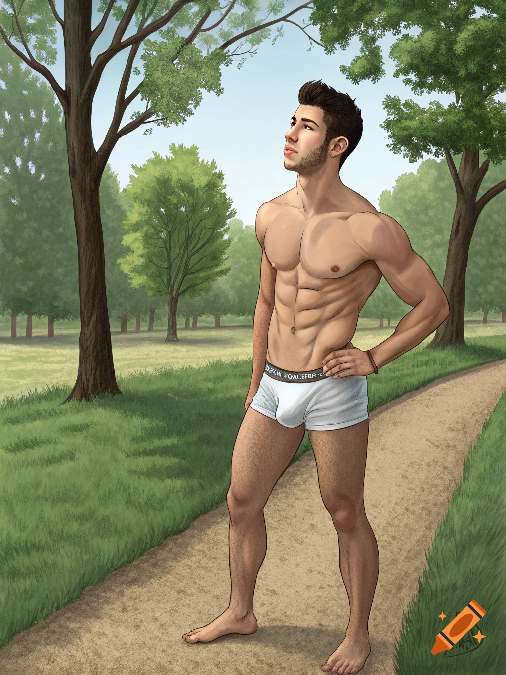 Muscular man in white briefs standing barefoot on a path in a park, looking up at the trees. Illustration style.