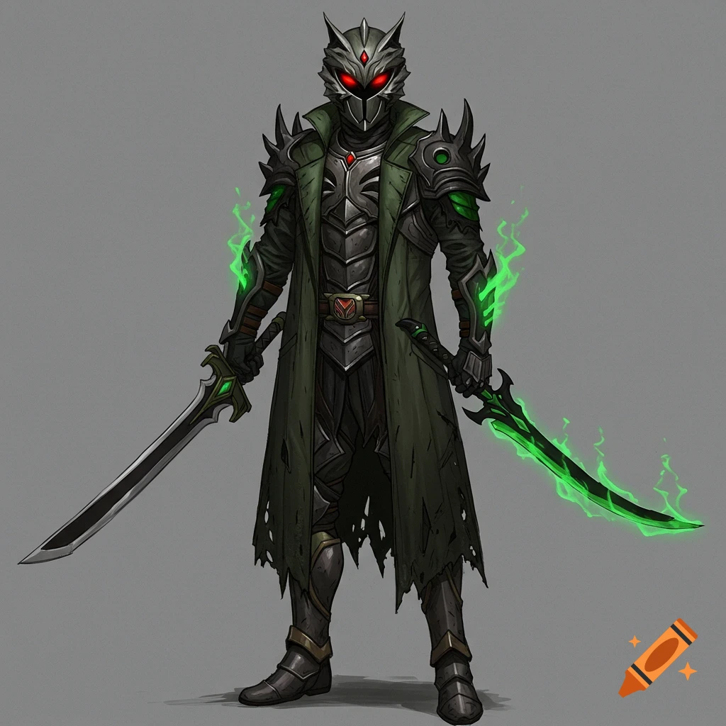 A dark fantasy knight in a green and black armored trench coat, wolf-like helmet with red eyes, holding a longsword and a glowing green blade.