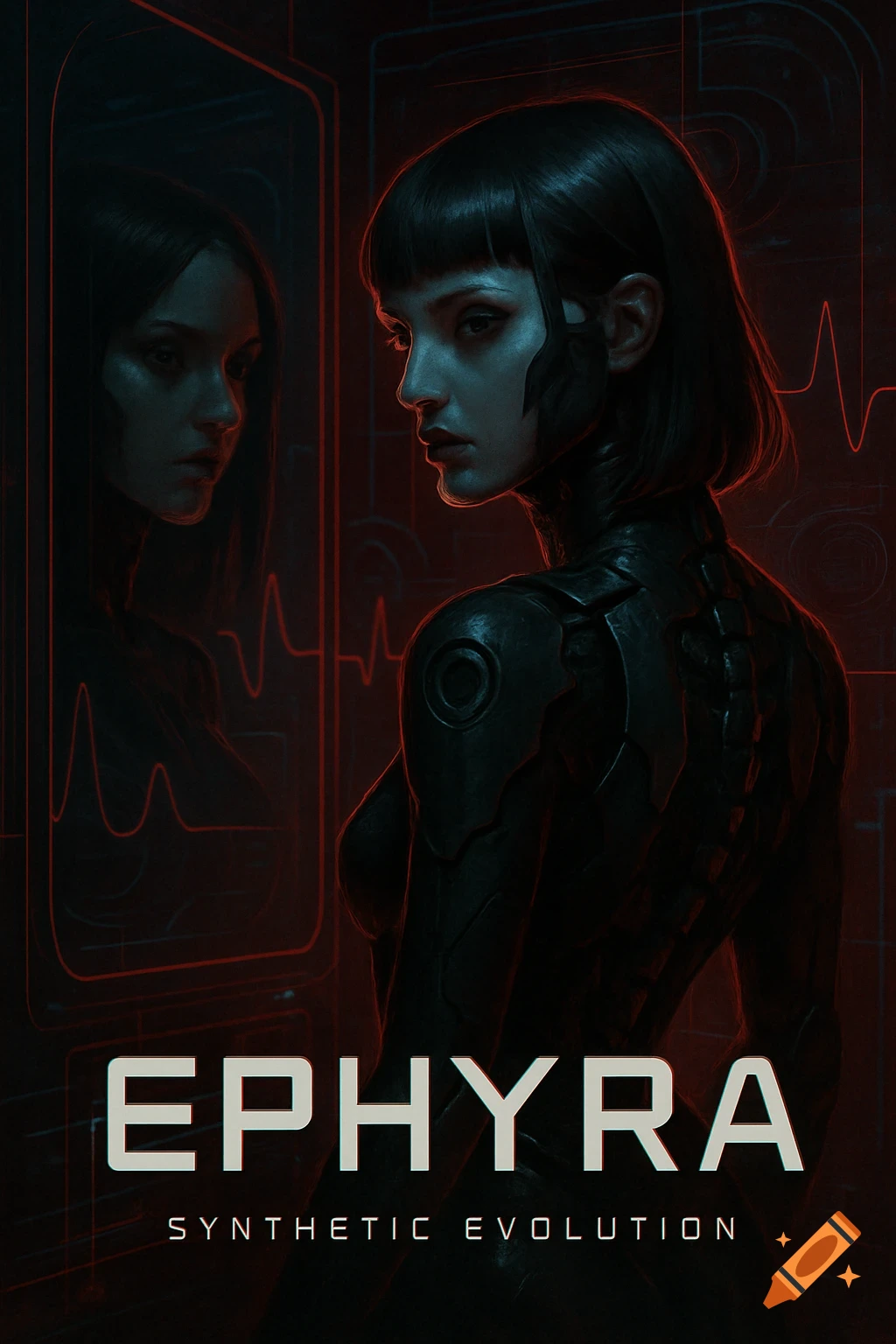 A dark cyberpunk digital painting of a female cyborg looking into a mirror, with glowing red lines and text 'EPHYRA Synthetic Evolution'.