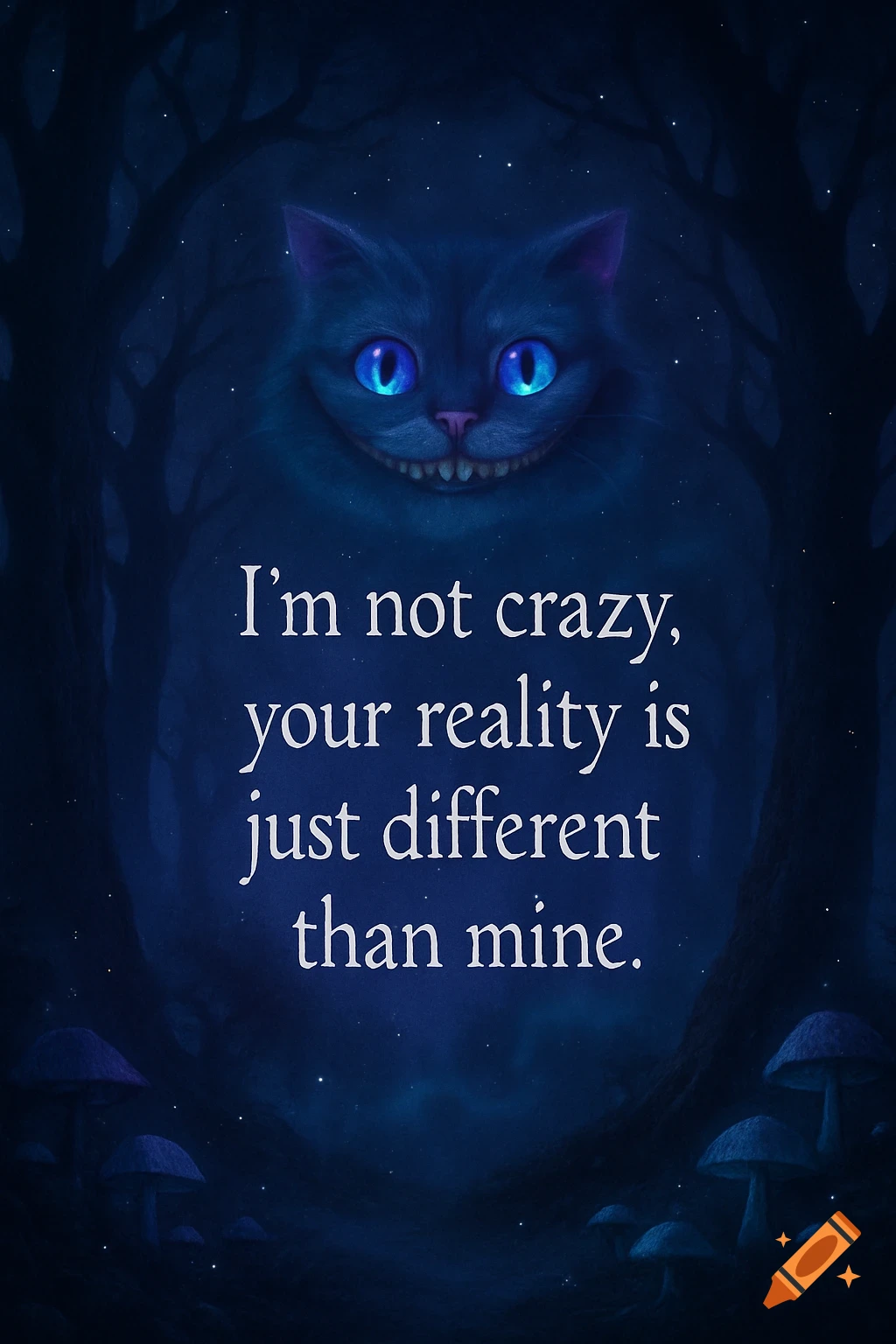 A grinning, blue Cheshire Cat with glowing eyes floats in a dark, starry forest with glowing mushrooms, above the quote "I'm not crazy, your reality is just different than mine."