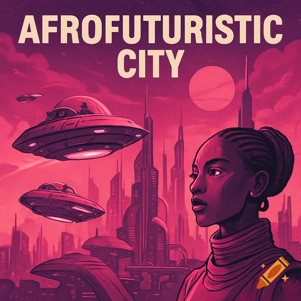 An illustrated Afrofuturistic city with hovercrafts and a woman in the foreground, rendered in pink and purple tones.