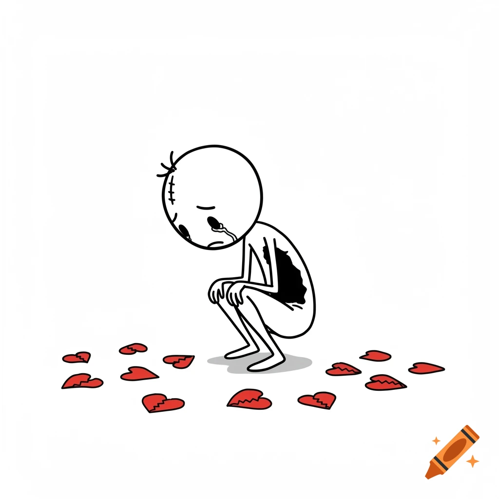 A crying minimalist stick figure squats on a white background, surrounded by broken red heart pieces.