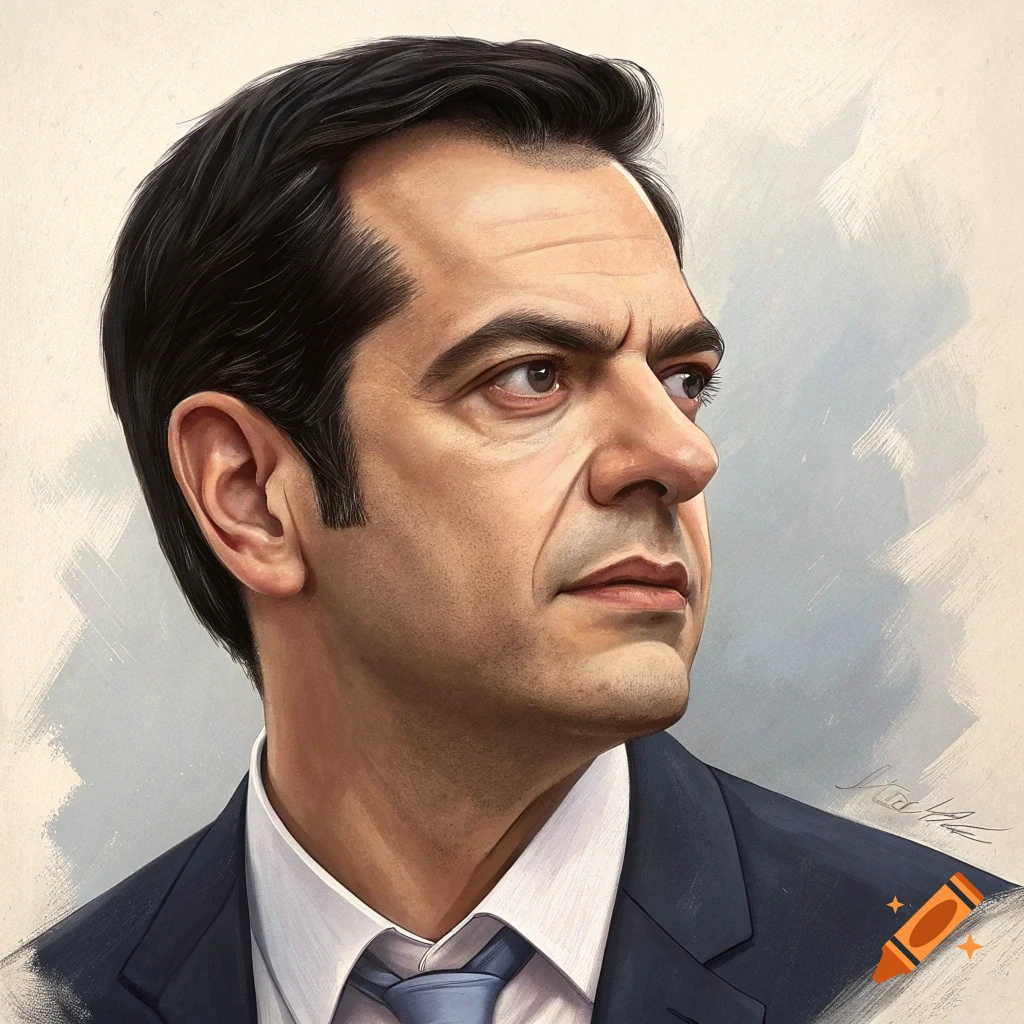 Stylized portrait of a man with dark hair, wearing a suit and tie, looking right.