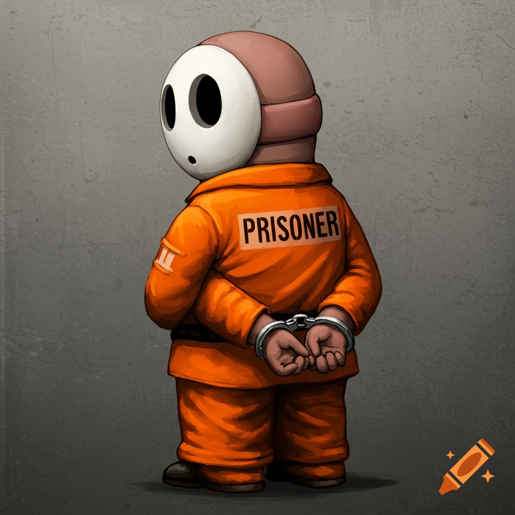 A cartoon character resembling Shy Guy from Mario, wearing an orange prison jumpsuit and handcuffs, stands with his back mostly to the viewer against a gray wall.