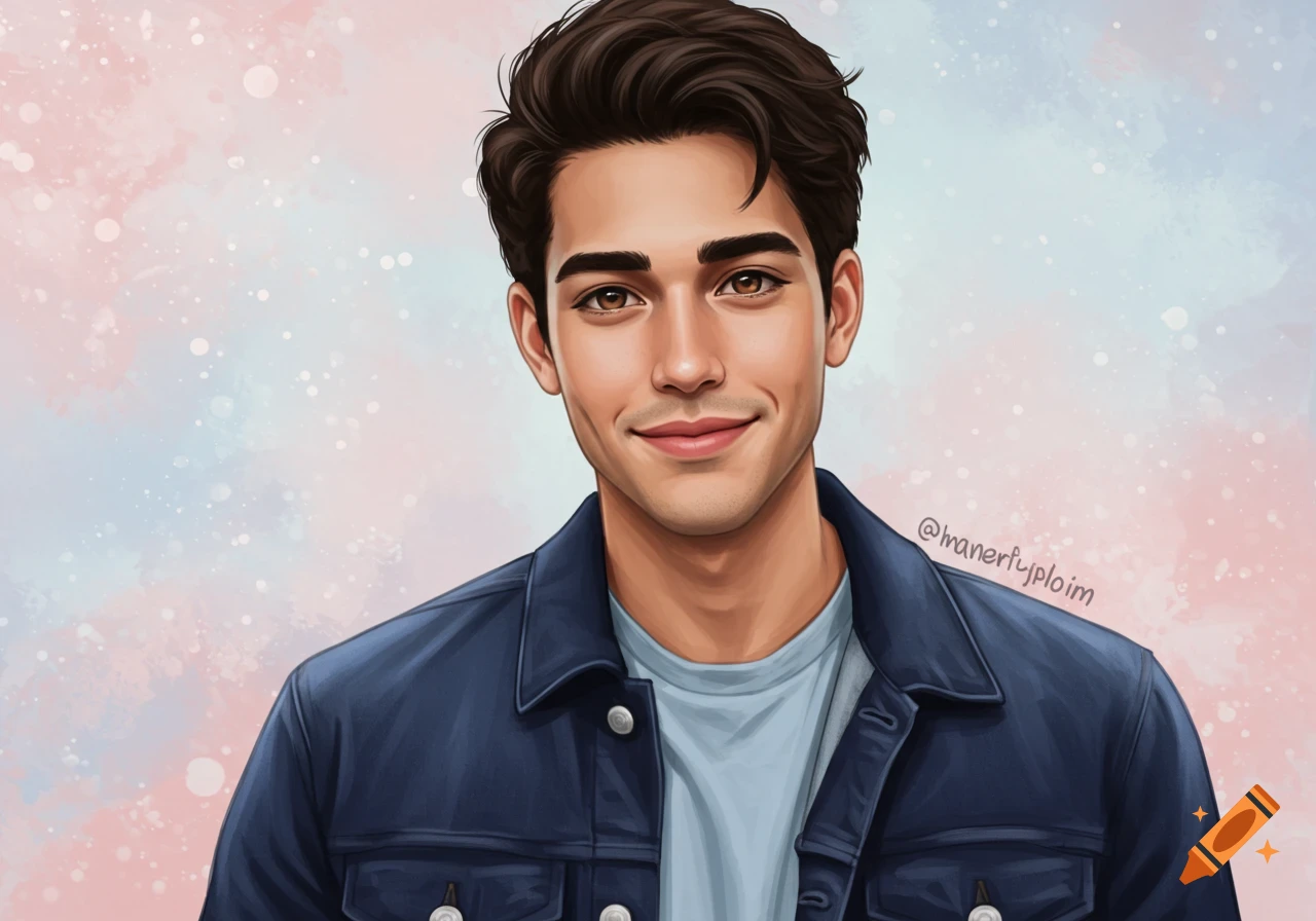 Digital illustration of a smiling young man with dark hair in a denim jacket against a pastel background.