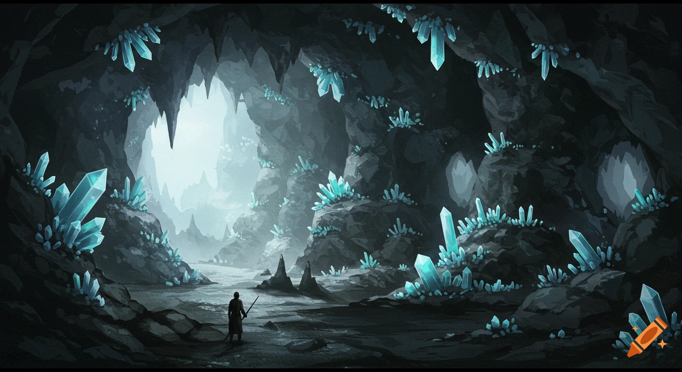 A lone figure stands in a vast, dark fantasy cave illuminated by abundant glowing blue crystals. Digital painting.