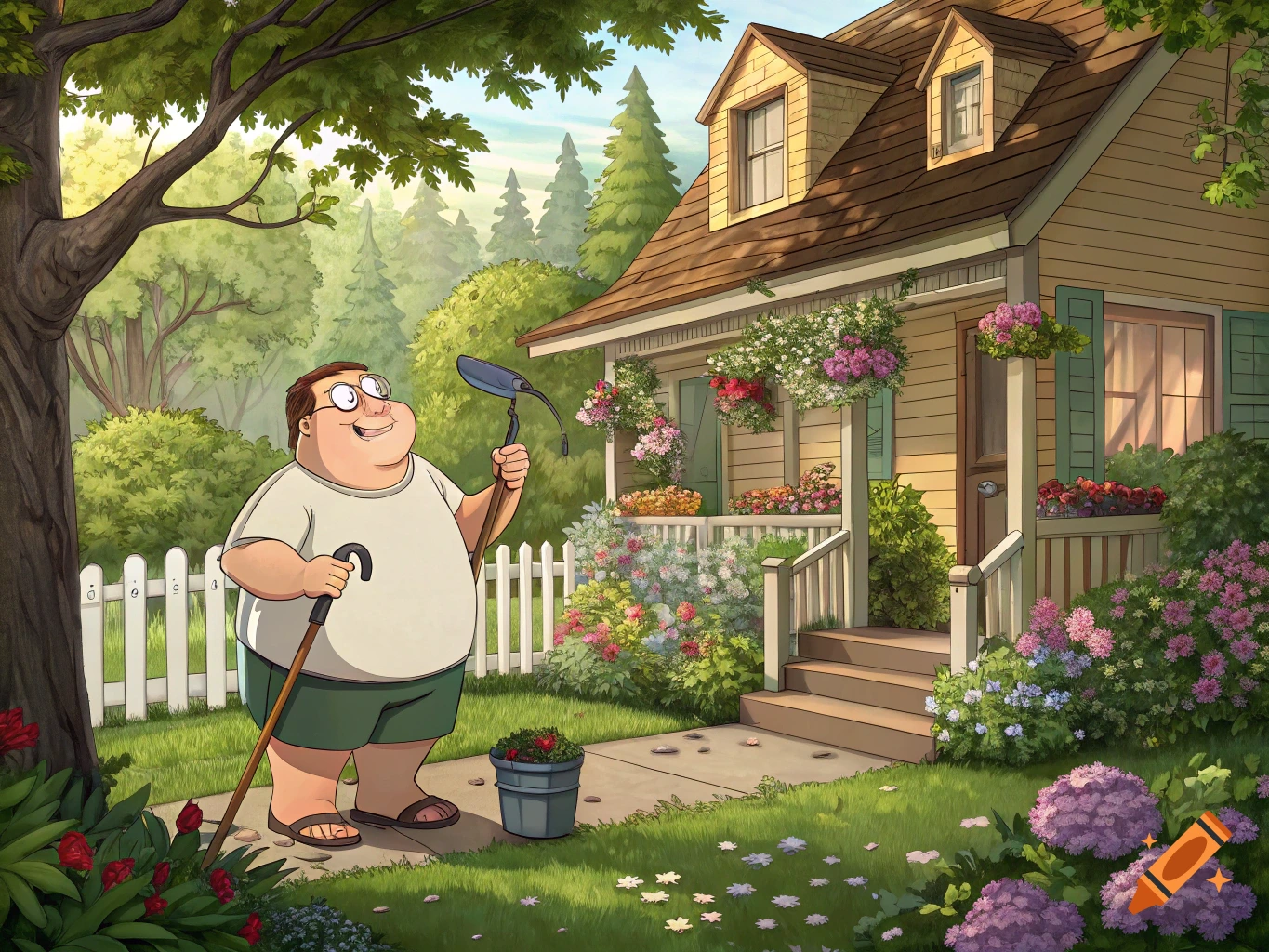 Cartoon character Peter Griffin stands in a lush, detailed garden next to a charming house on a sunny day.