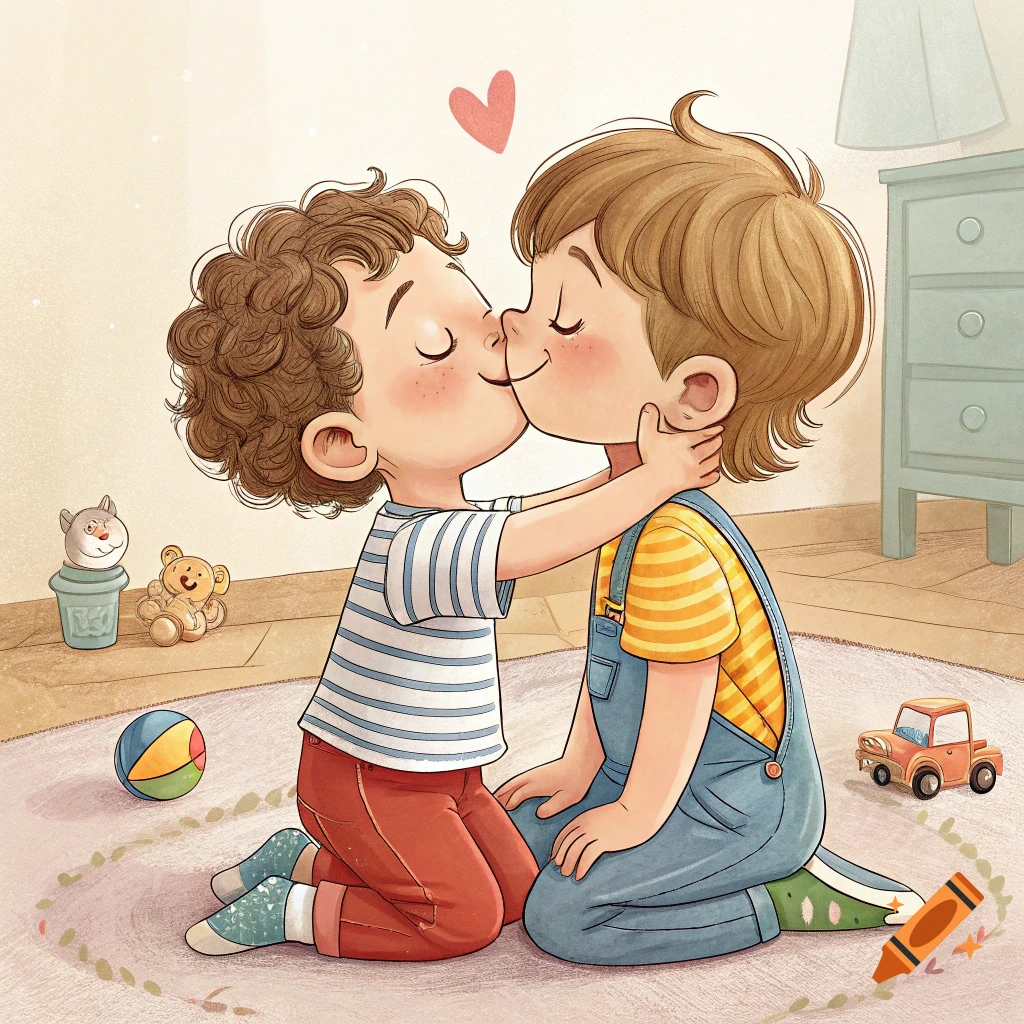 Cute cartoon illustration of two young boys kneeling on a rug, one kissing the other's cheek, with toys around them.