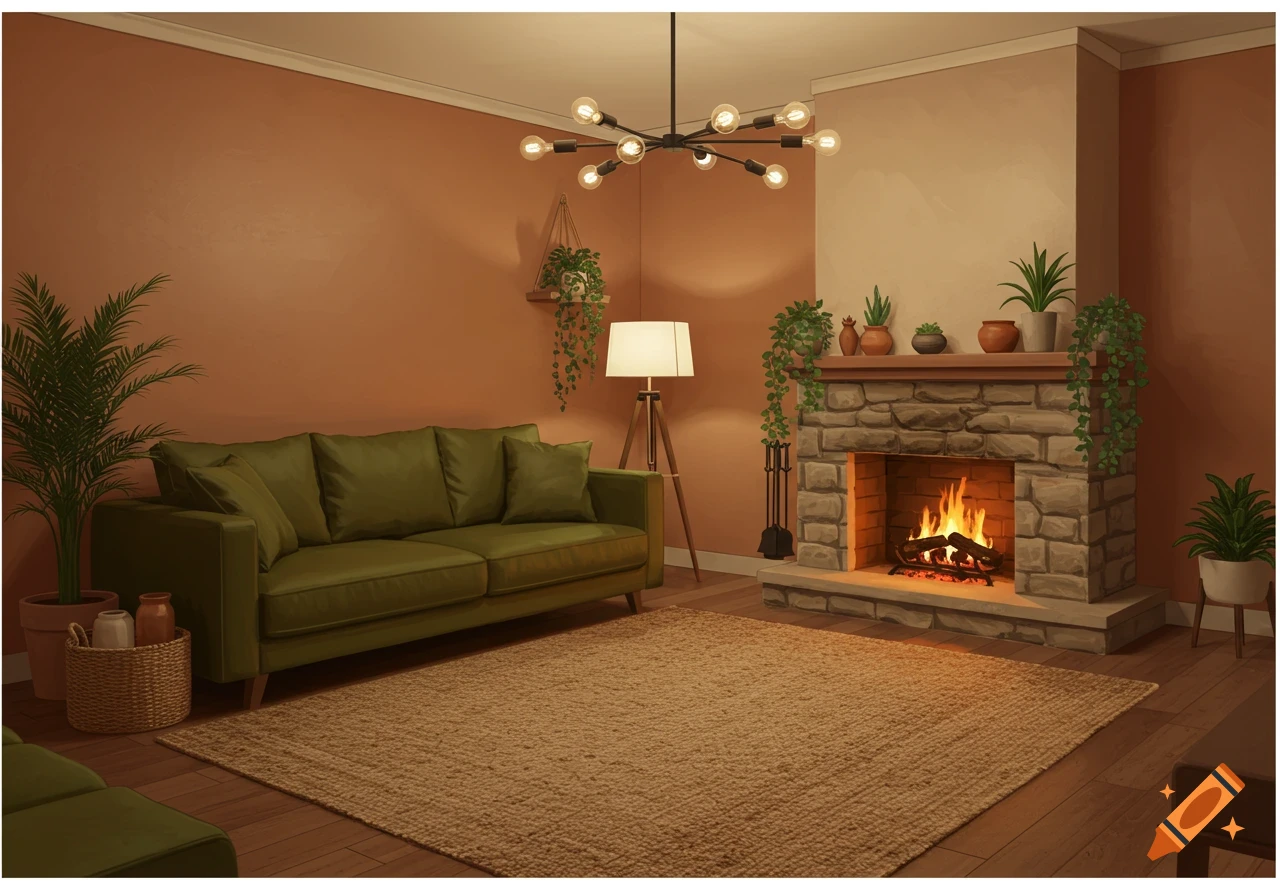 A cozy living room with a green sofa, stone fireplace, and plants, illuminated by a modern chandelier and floor lamp.