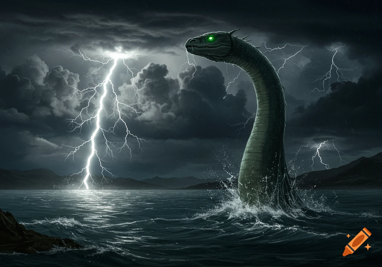 A large dark green Loch Ness monster with glowing green eyes rises from stormy waters as lightning strikes the dark sky.