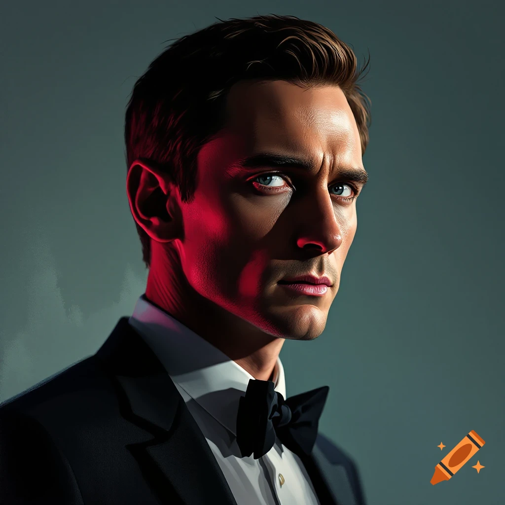 Photorealistic portrait of a man in a tuxedo with dramatic red lighting on his face.