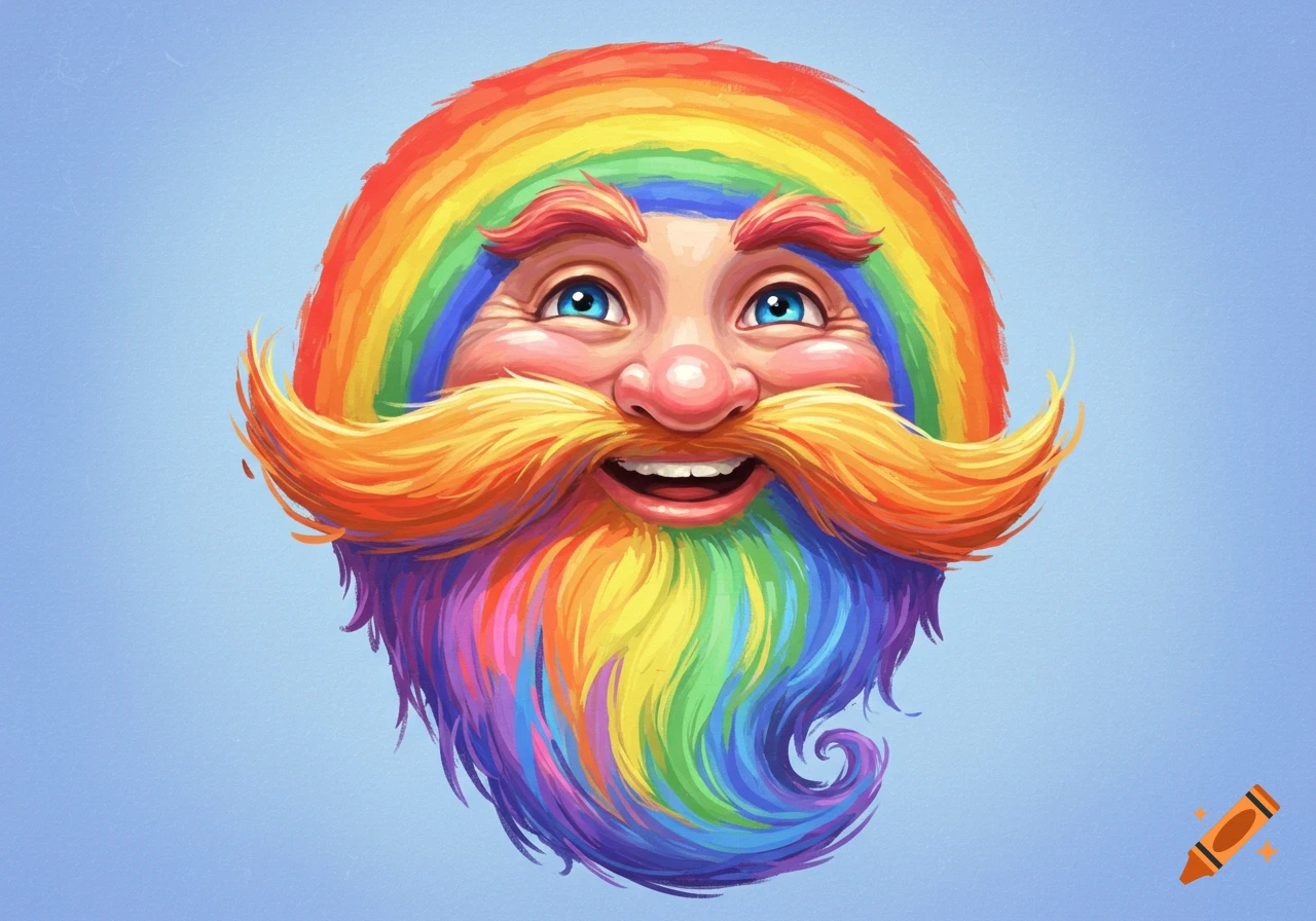 A colorful illustration of a smiling face with a vibrant rainbow beard and hair on a light blue background.