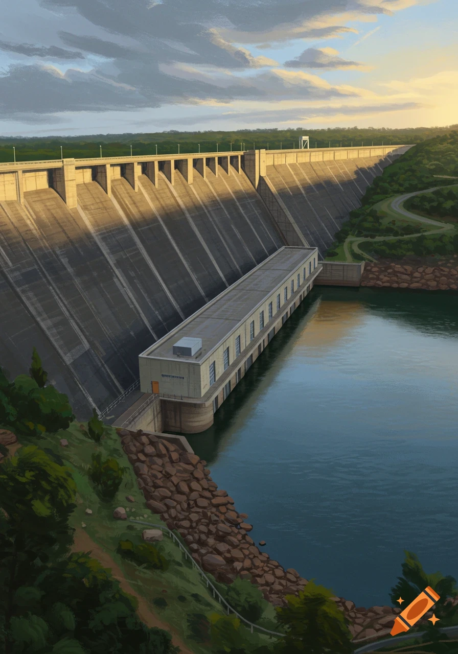 A large concrete dam with a building at its base, holding back a body of water under a partly cloudy sky at sunset.