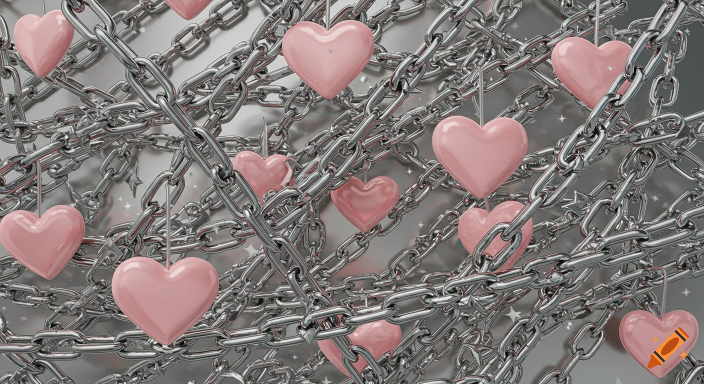 Intertwined silver chains with pink hearts and silver stars hanging on a reflective background.