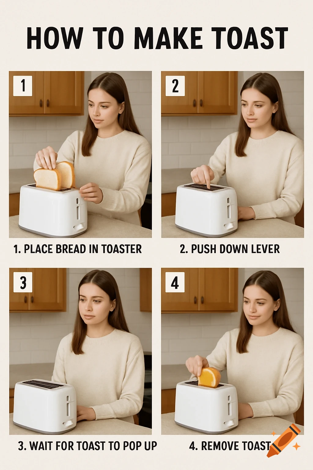 A four-panel photorealistic instructional guide showing a woman making toast in a kitchen.