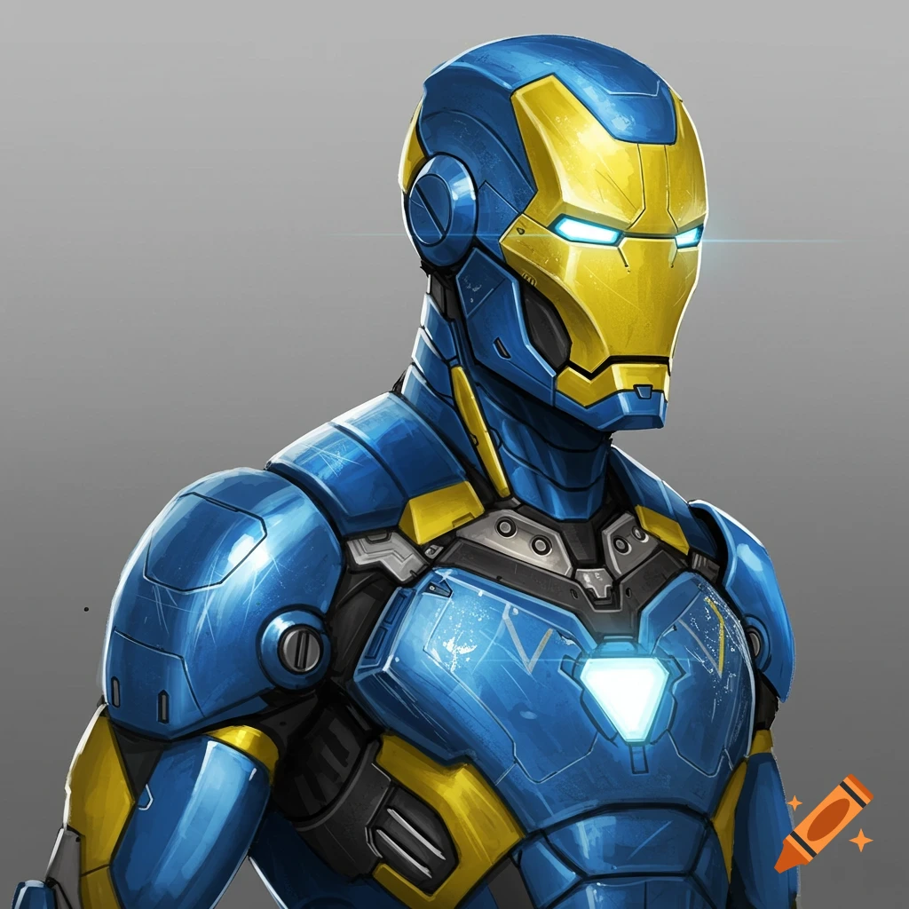 Blue and yellow Iron Man-style superhero prototype suit concept art, chest up.
