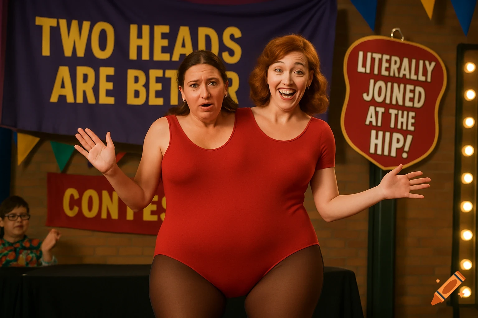 Two women in a red leotard, appearing as a two-headed conjoined person, pose on a stage with banners reading "Two Heads Are Better" and "Literally Joined at the Hip!".