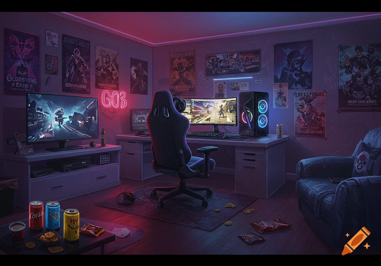 A dark, atmospheric gamer room with purple and pink neon lighting. A gaming chair faces two large monitors, and posters cover the walls. Snacks and drinks are on a coffee table.