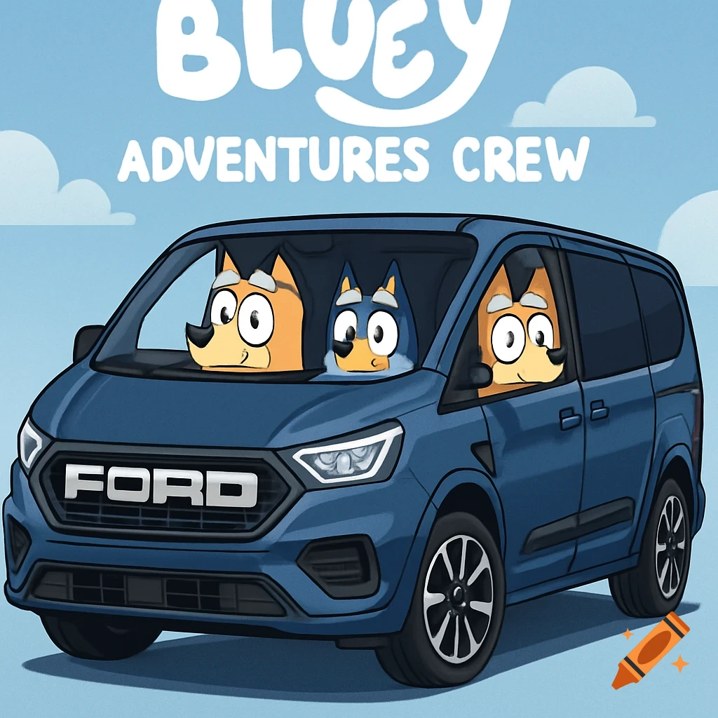 Cartoon of Bluey characters, including Dad, Bluey, and Mom, in a blue Ford Transit van with 'BLUEY ADVENTURES CREW' text.