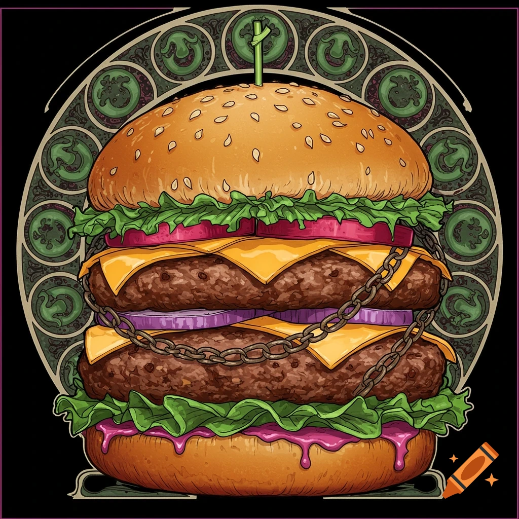 Art Nouveau illustration of a double cheeseburger wrapped in chains, with lettuce, tomato, and purple sauce, against an ornate green circular background.