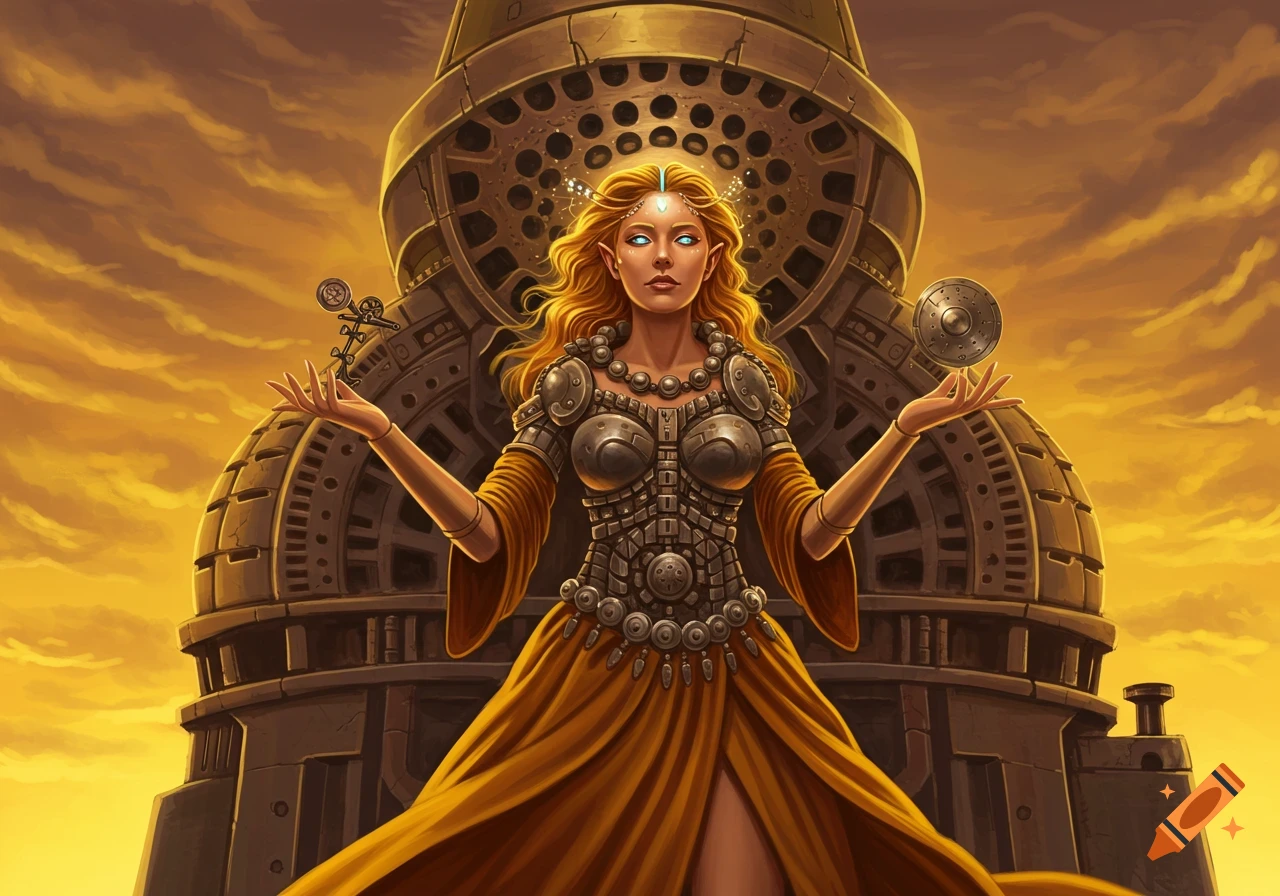 A blonde goddess in ornate armor and a flowing gold gown stands before a large industrial ball mill under an orange sky, digital illustration.