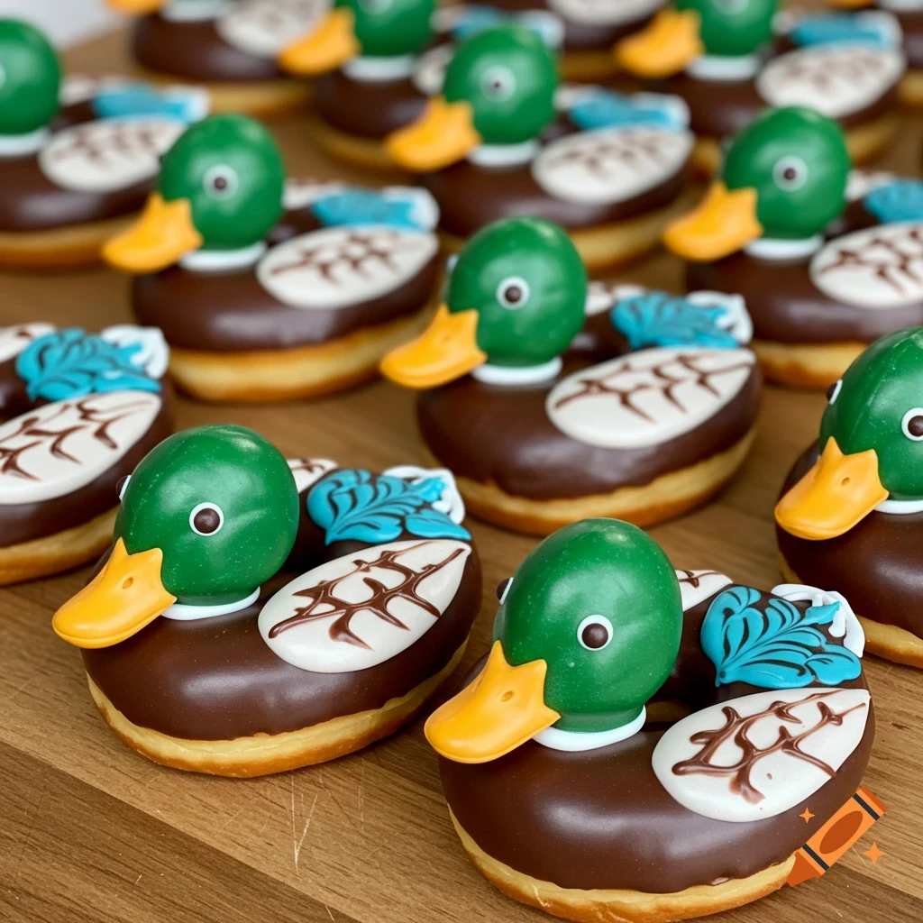 Close-up photo of duck-shaped donuts with green heads, orange beaks, and brown and white frosting resembling mallards.