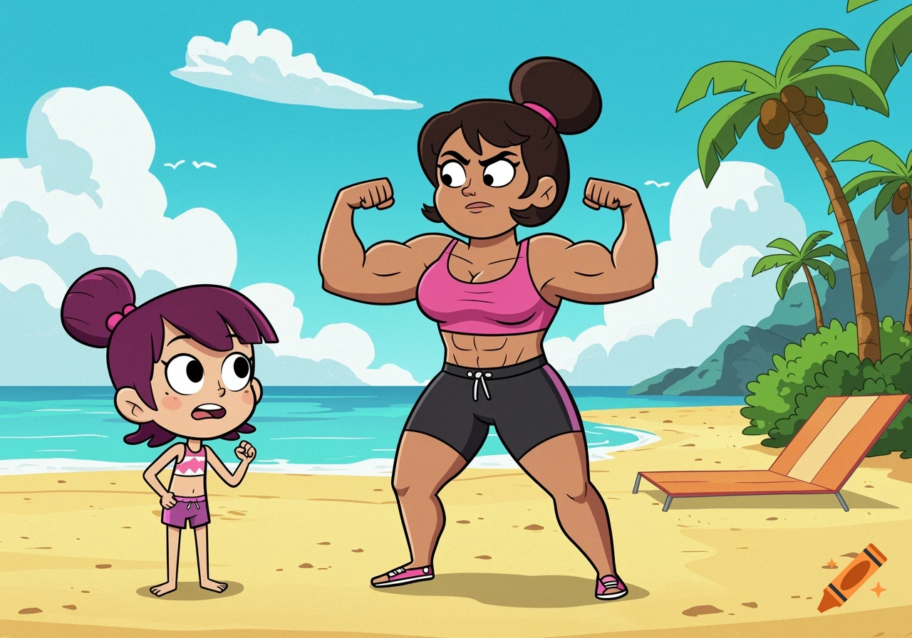 A muscular cartoon woman in a pink sports bra flexes on a beach while a young cartoon girl looks on in surprise.