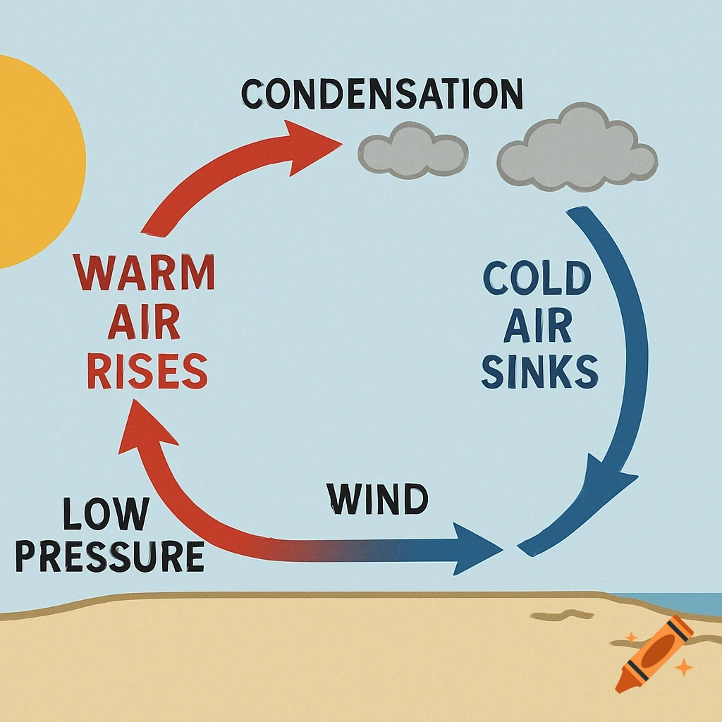 A diagram illustrates an atmospheric convection cell with warm air rising from low pressure, forming clouds via condensation, and cold air sinking, creating wind.