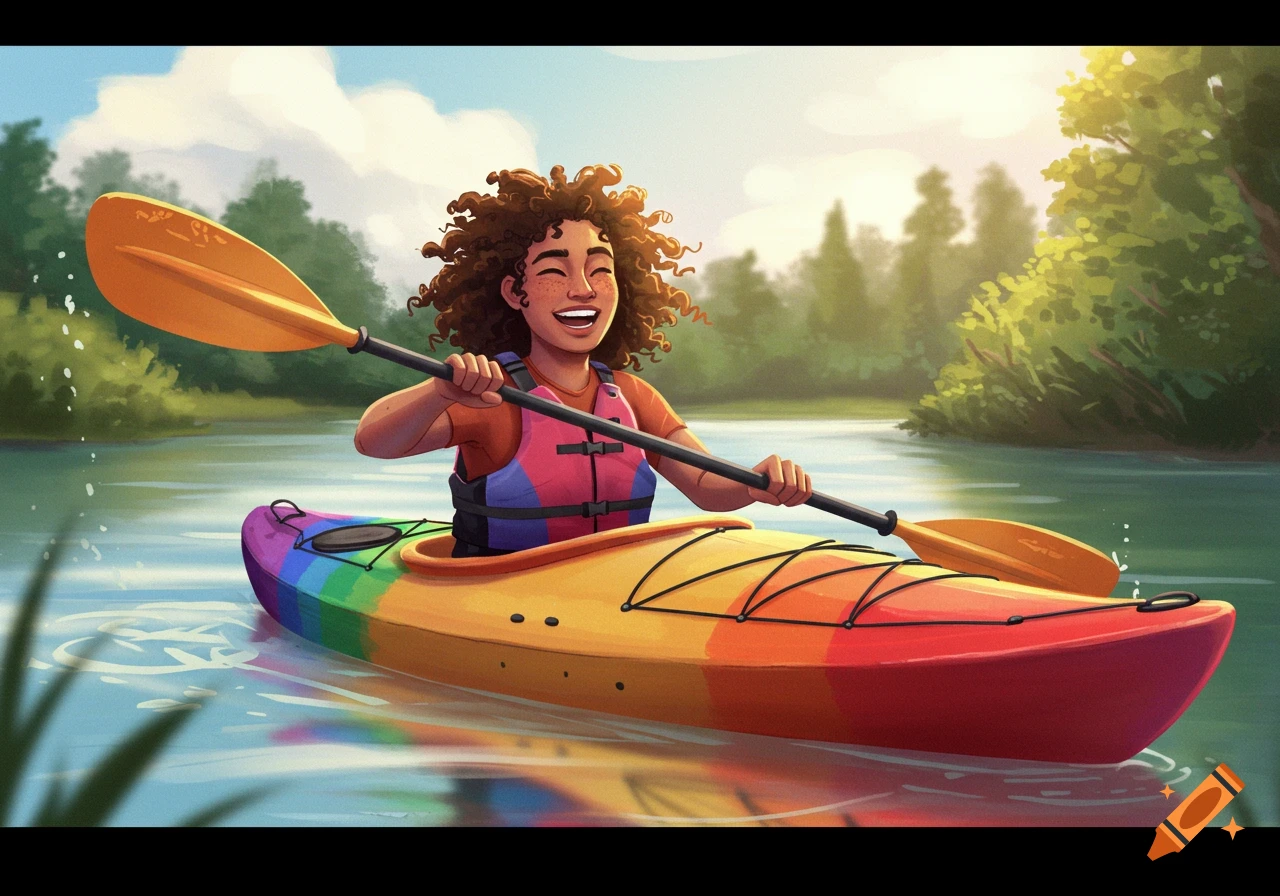 An illustration of a smiling curly-haired person in a rainbow kayak, paddling on a river under a sunny sky.