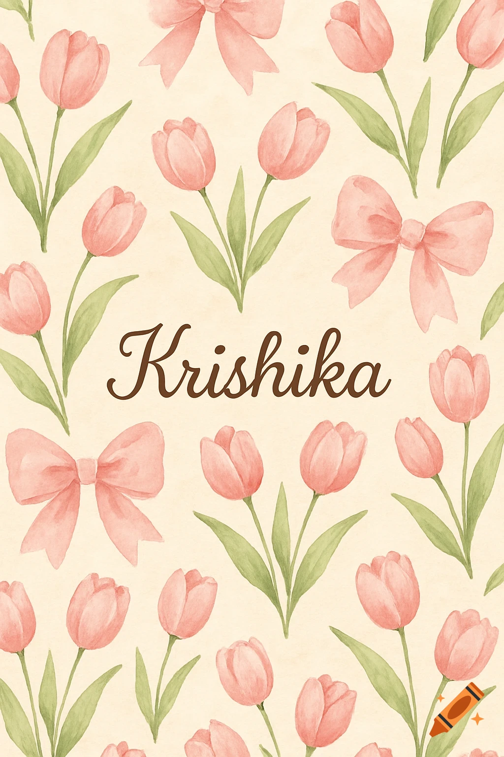 A watercolor pattern of pink tulips and bows on a light background, with the name Krishika in the center.