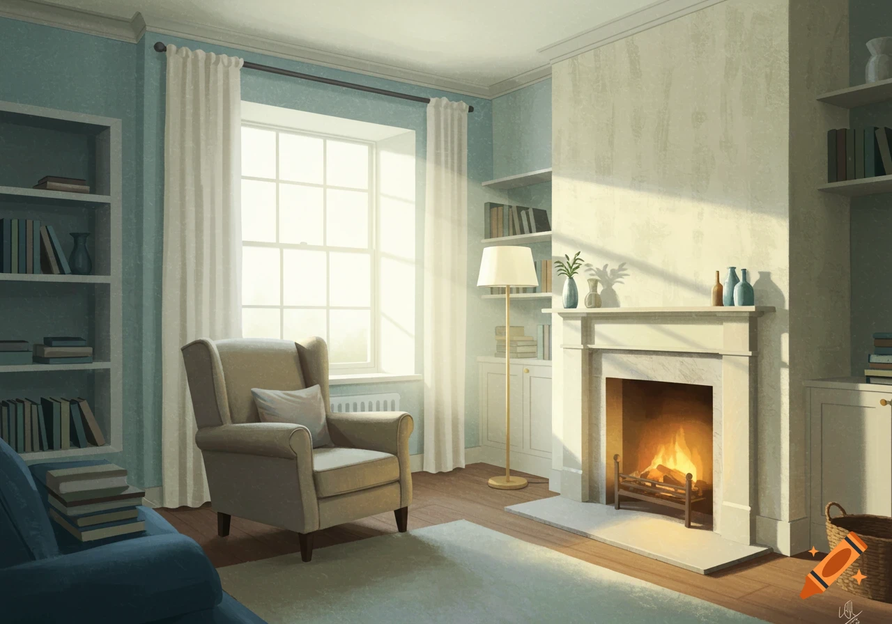 A cozy, sunlit living room with an armchair, fireplace, bookshelves, and a large window.