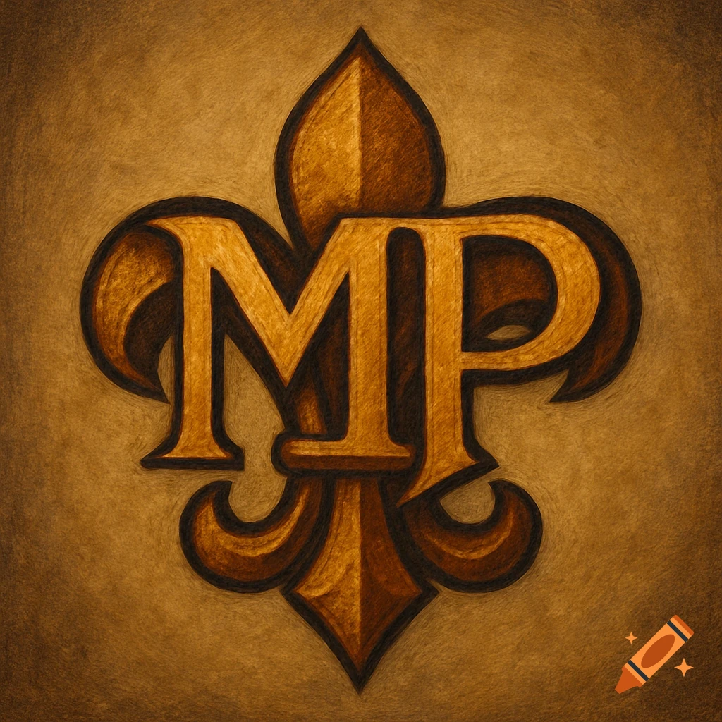 Golden monogram MP stylized as a Fleur de Lis on a textured brown background.