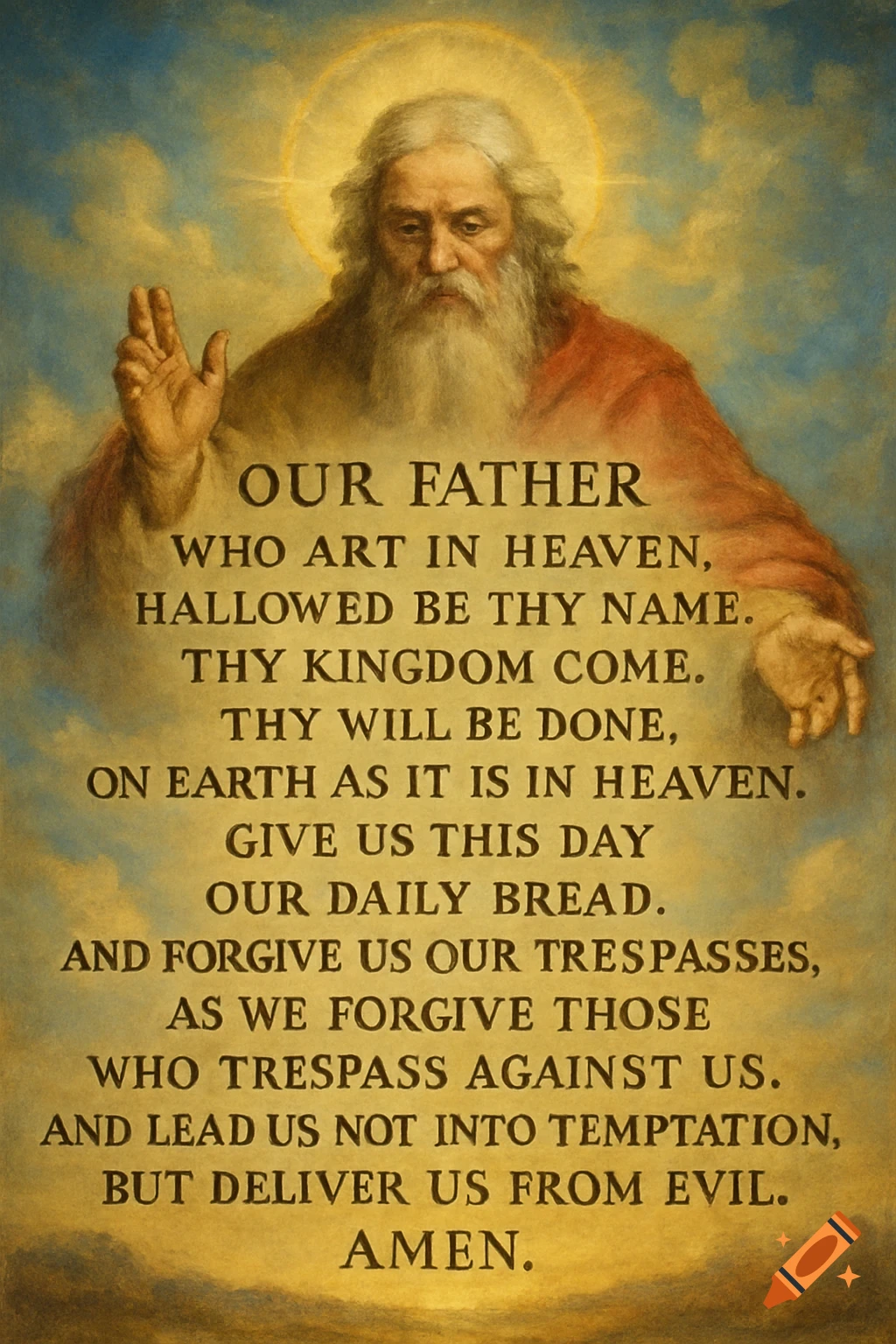 Classical painting of God with outstretched hand, text of 'Our Father' prayer below, against a blue and gold sky.