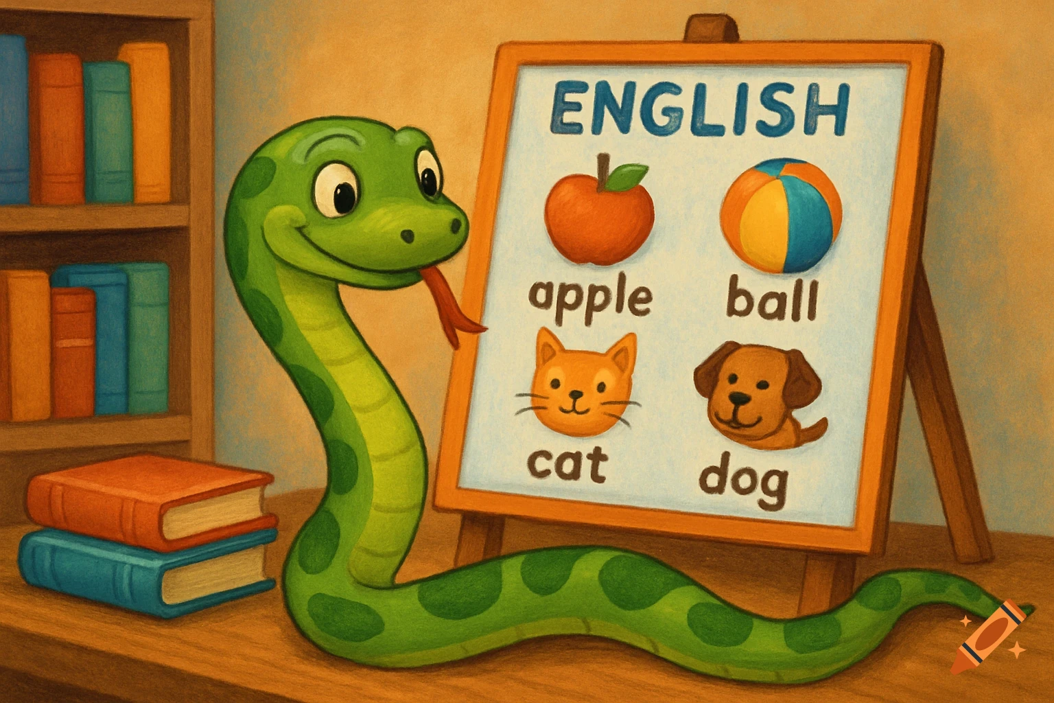 A friendly green cartoon snake looks at an easel with an English learning board displaying words like 'apple' and 'dog' with images. Books are on a shelf and table.
