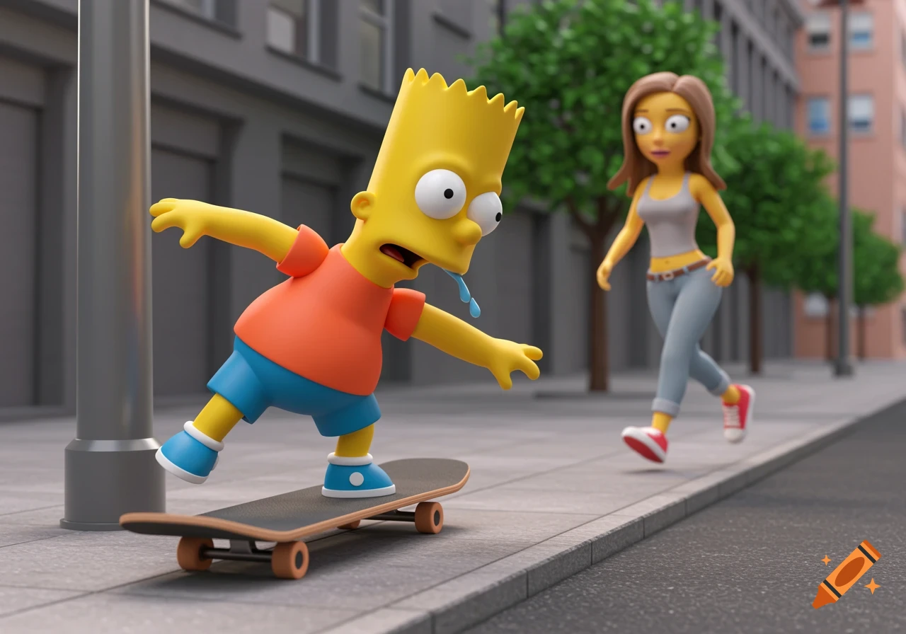 3D render of Bart Simpson skateboarding on a city sidewalk, drooling and looking at a woman walking past him.