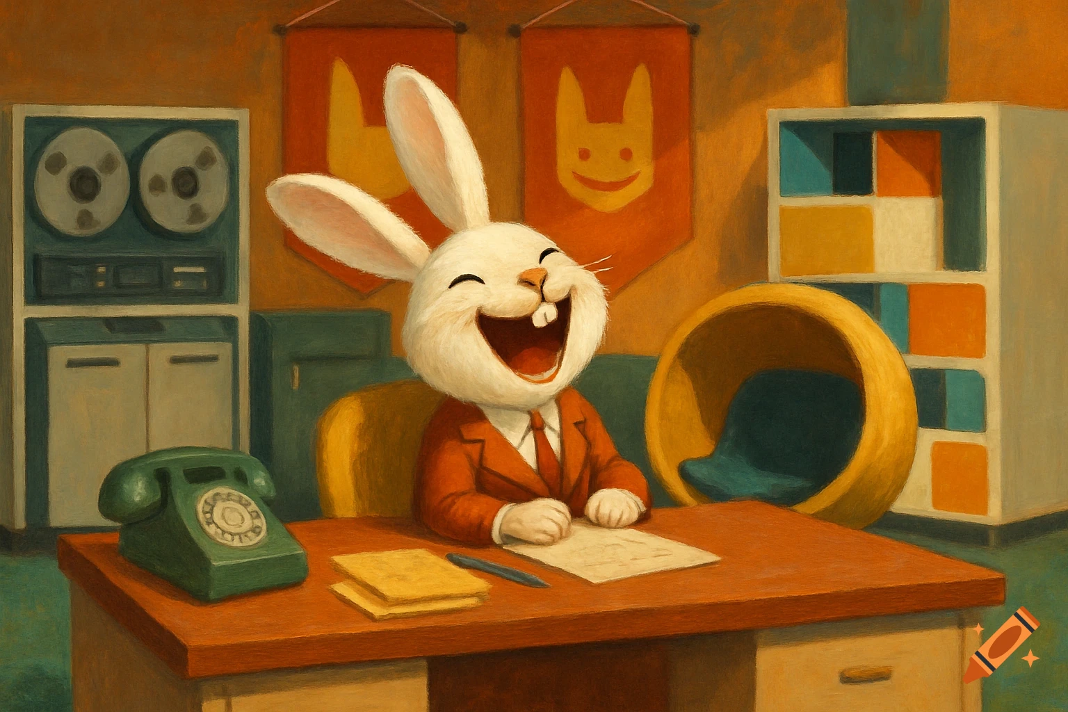 A happy white cartoon rabbit in a red suit sits at a retro wooden desk, laughing. A green rotary phone, a reel-to-reel computer, and abstract shelves are in the background.