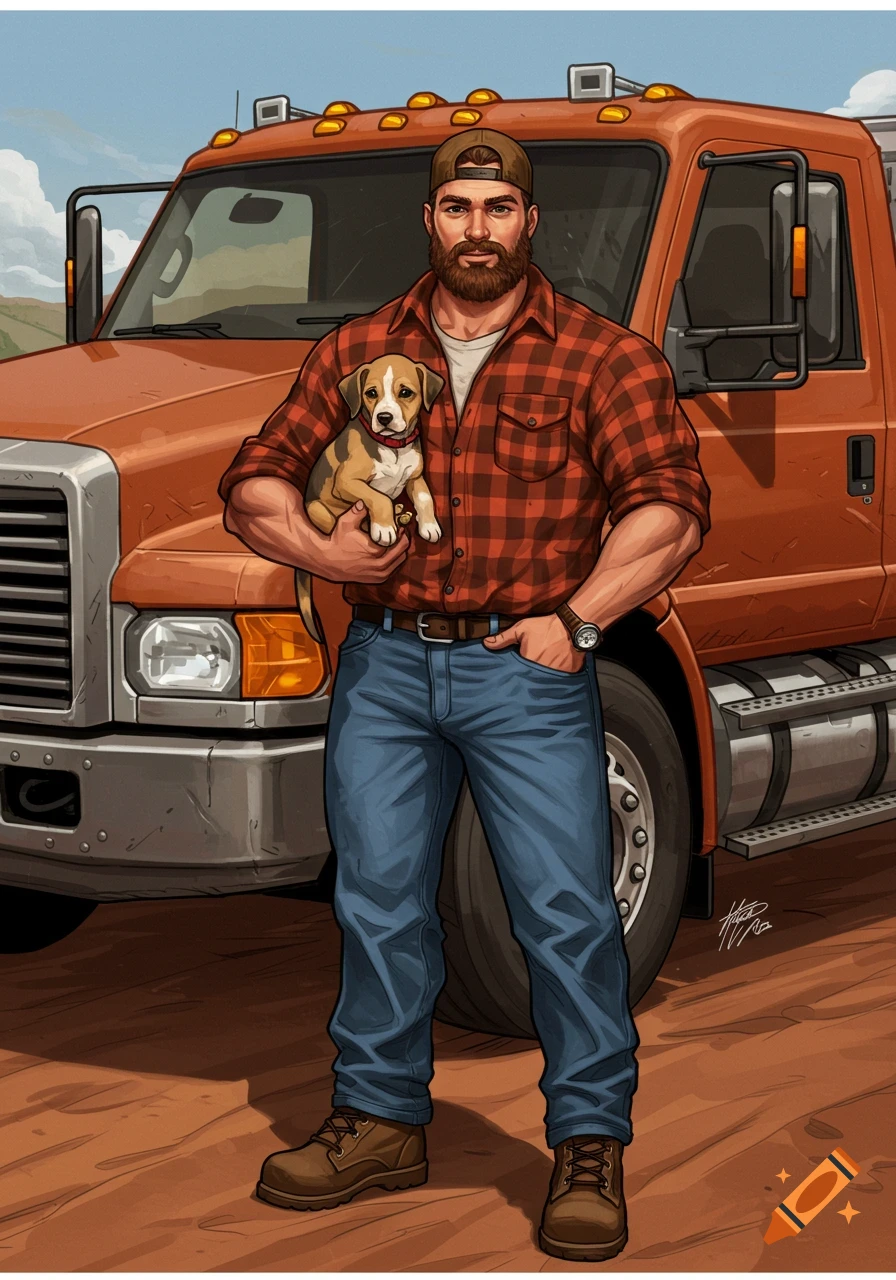 Muscular man with a beard and flannel shirt holds a puppy in front of an orange diesel truck, in an illustrated style.