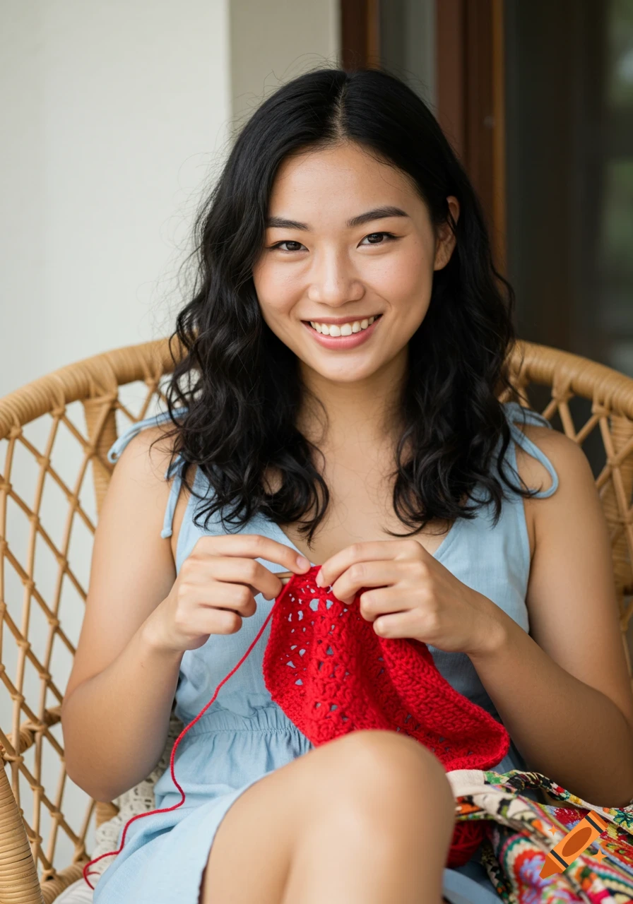 A happy Asian woman sits in a wicker chair, smiling while crocheting with red yarn.