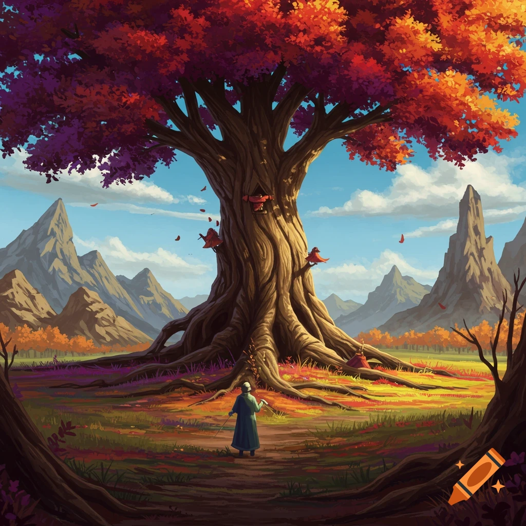 A large tree with vibrant red and orange leaves stands in a colorful ...