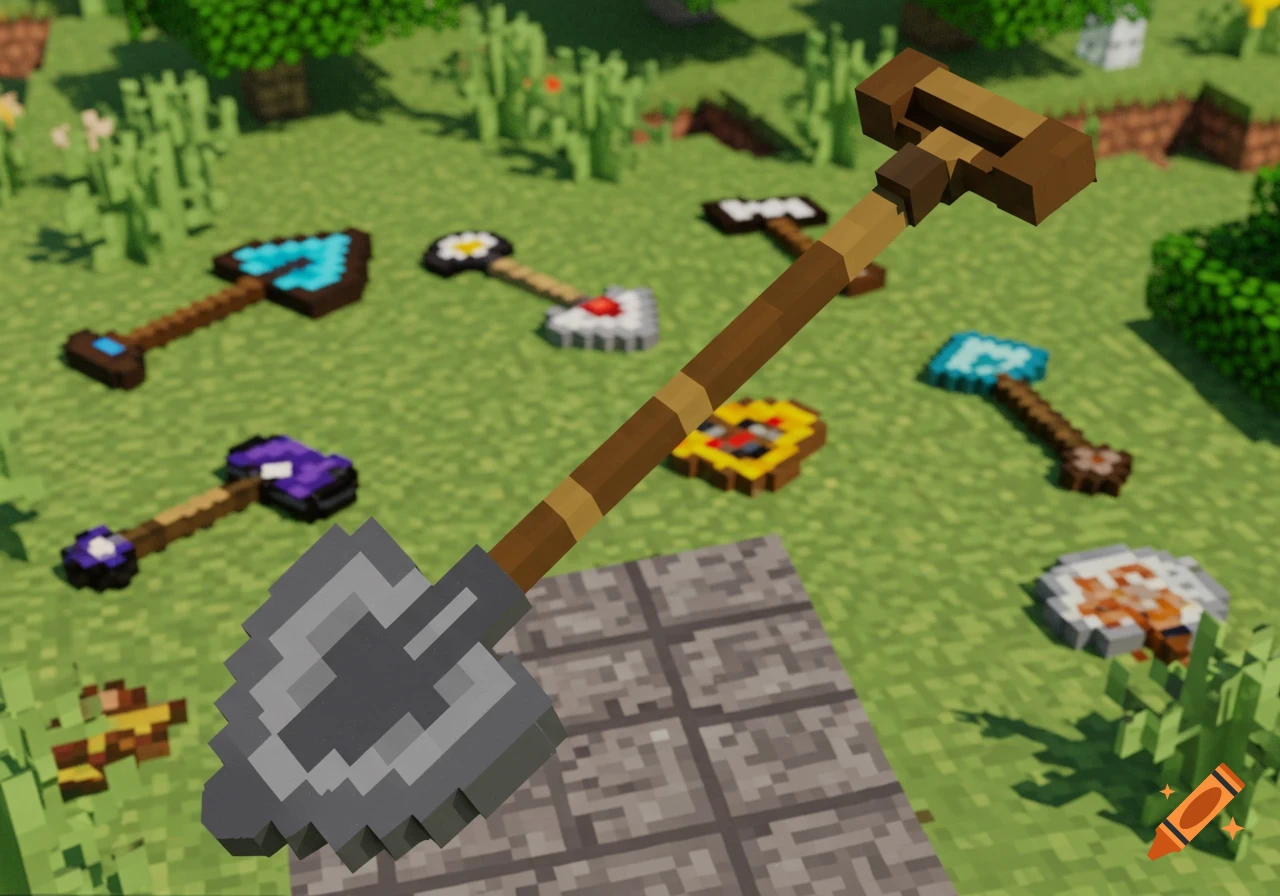 A pixelated shovel stands upright in a blocky, grassy Minecraft-like world with other stylized tools scattered in the background.