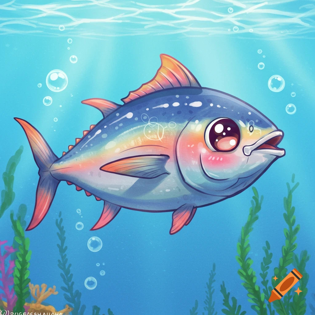 A cute, colorful chibi tuna fish with large eyes, red cheeks, and iridescent scales swims underwater surrounded by bubbles and seaweed.