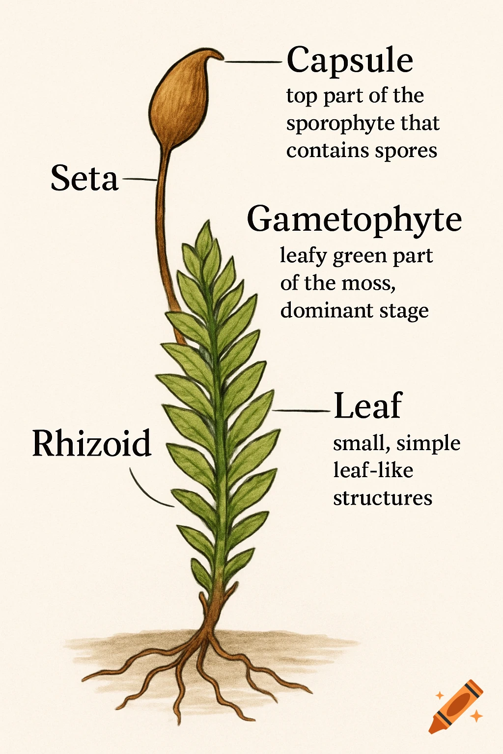 A scientific illustration of a moss plant, labeled with its parts: capsule, seta, gametophyte, leaf, and rhizoid.