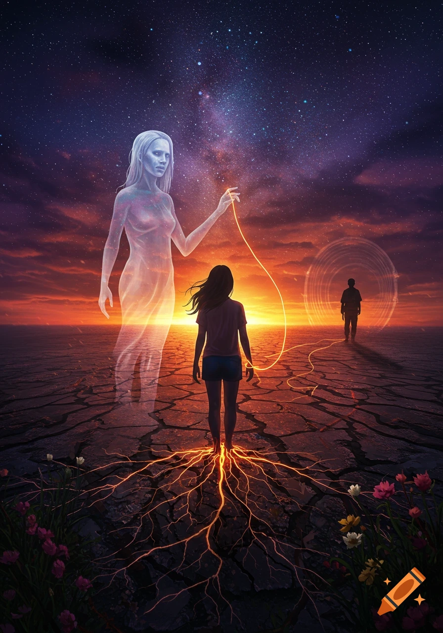 A surreal artistic image of a young woman on cracked earth with glowing roots, holding a glowing thread connected to a translucent female spirit and a distant male silhouette under a starry, sunset sky.